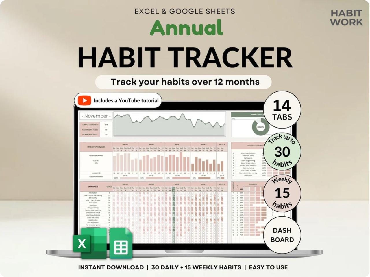 Habit Tracker for Excel & Google Sheets